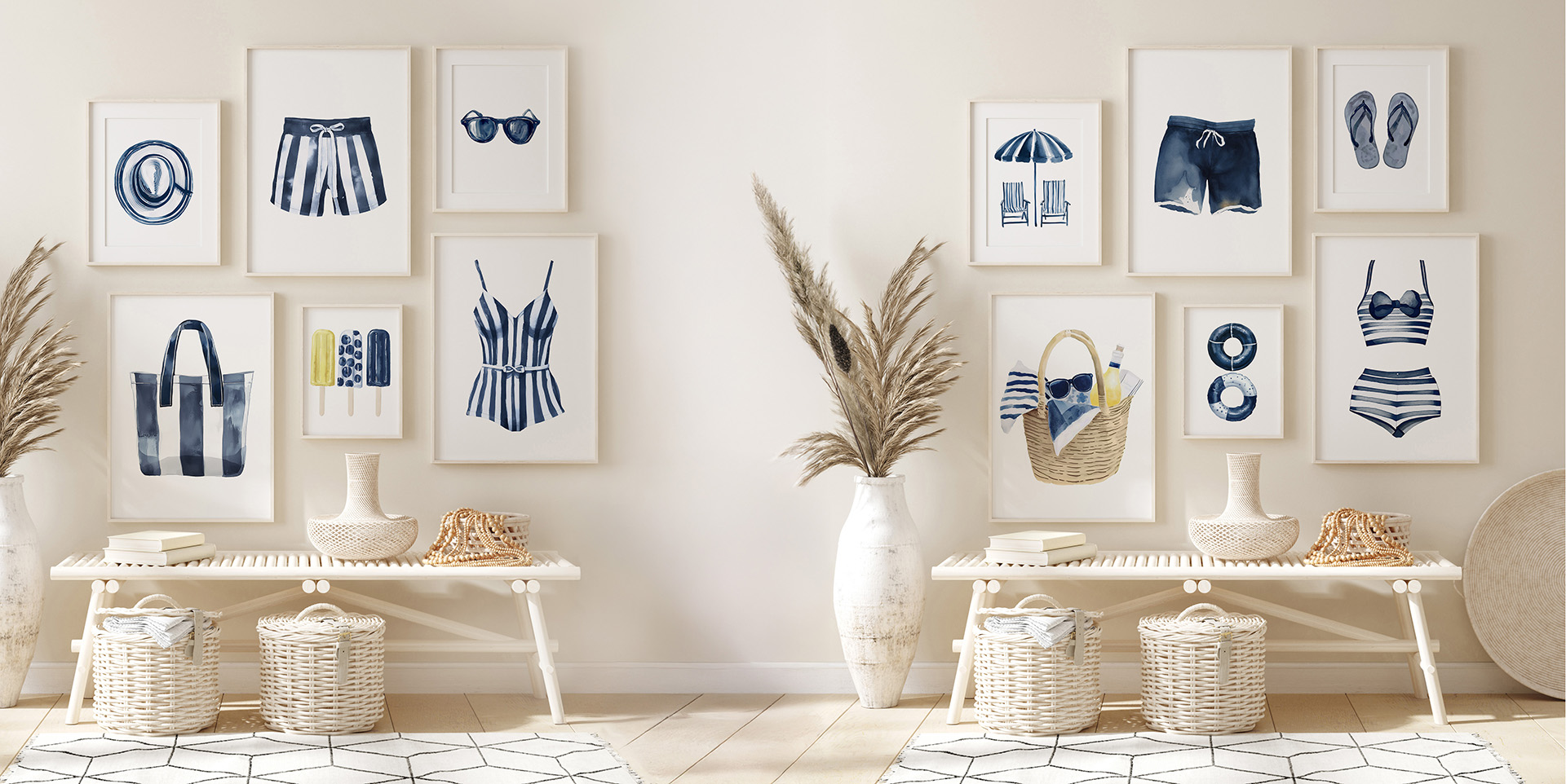 Gallery wall with framed coastal watercolor prints — navy beach accessories, swim trunks and flip flops
